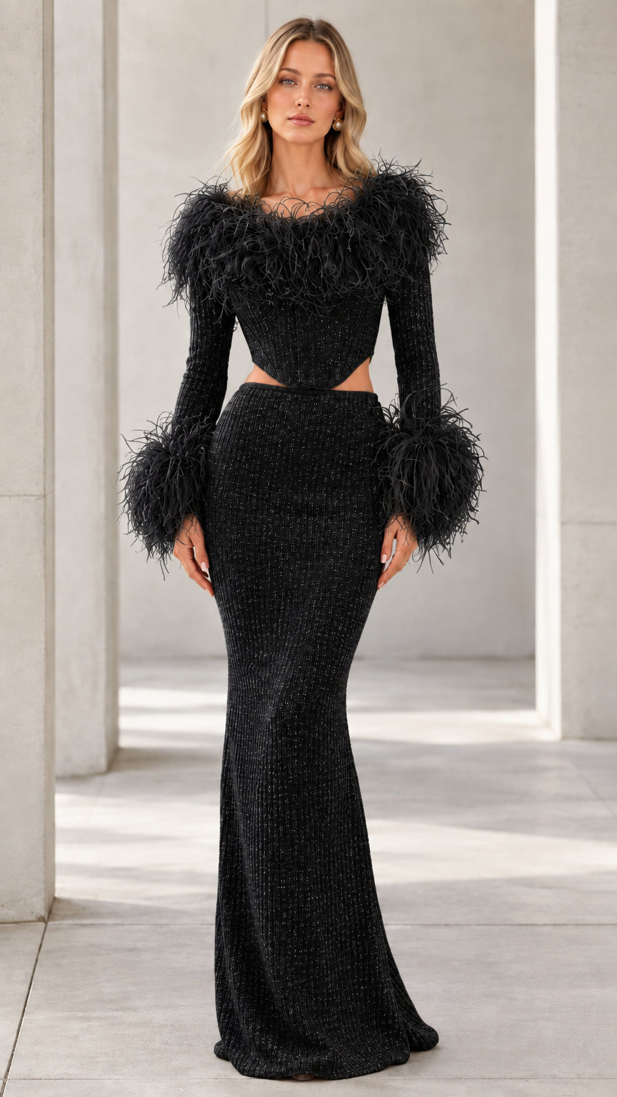 Front view of model wearing Black feather-trim corset maxi dress