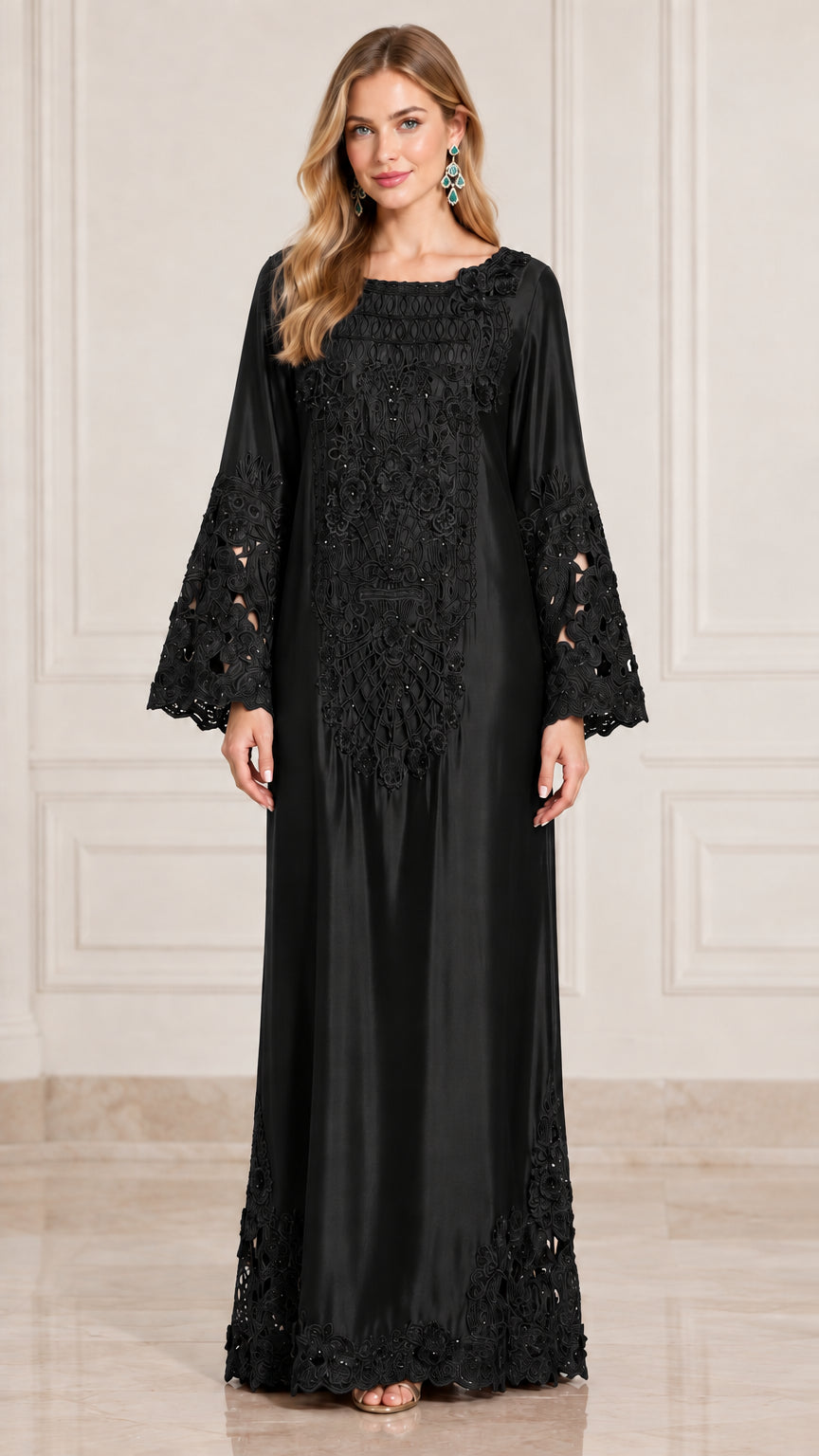 Front view of model wearing black embroidered satin bell sleeve maxi dress