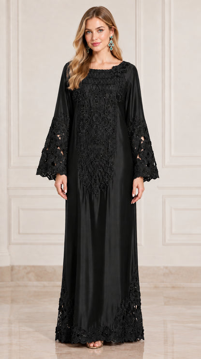 Front view of model wearing black embroidered satin bell sleeve maxi dress