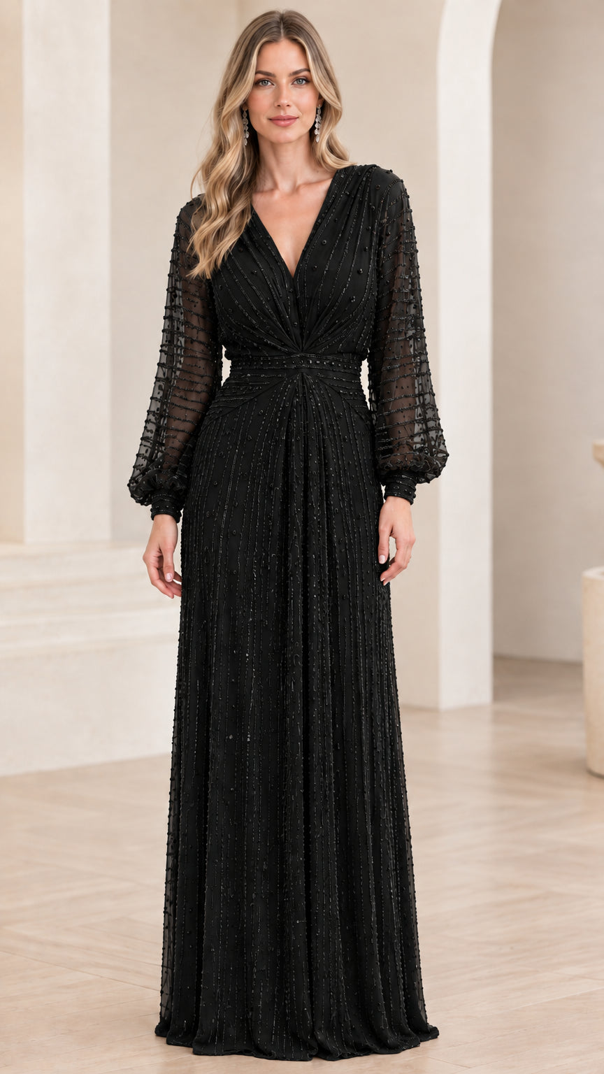 Front view of black pleated long sleeve formal maxi dress