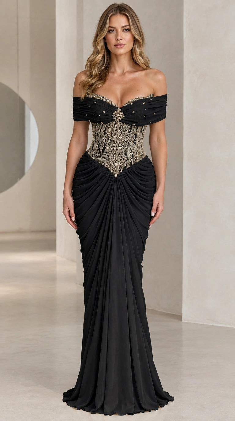 Black off-the-shoulder formal evening dress with shimmering beaded bodice