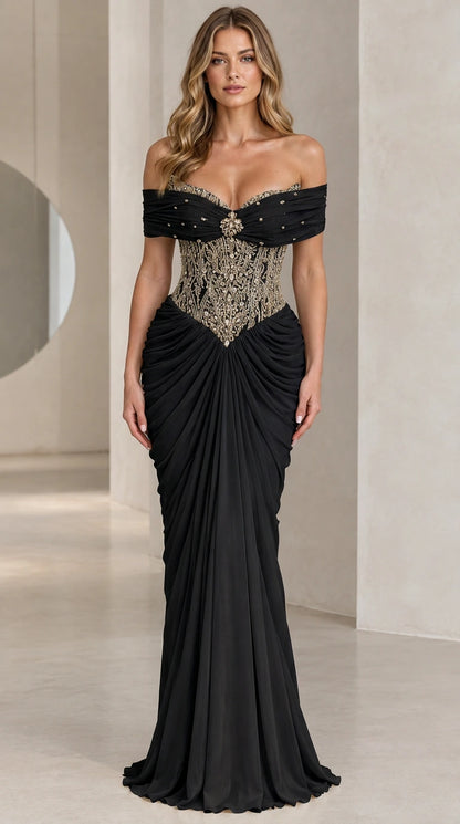 Black off-the-shoulder formal evening dress with shimmering beaded bodice