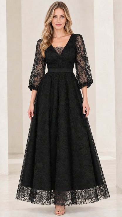 Black floral lace V-neck evening maxi dress