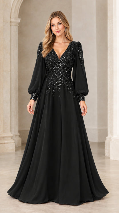 Front view of model wearing black sequin-embellished long sleeve formal gown