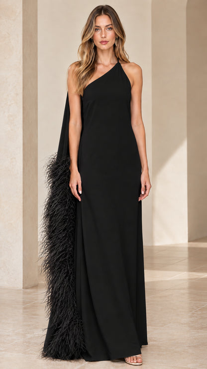 Black one-shoulder column maxi dress with matching black feather cape