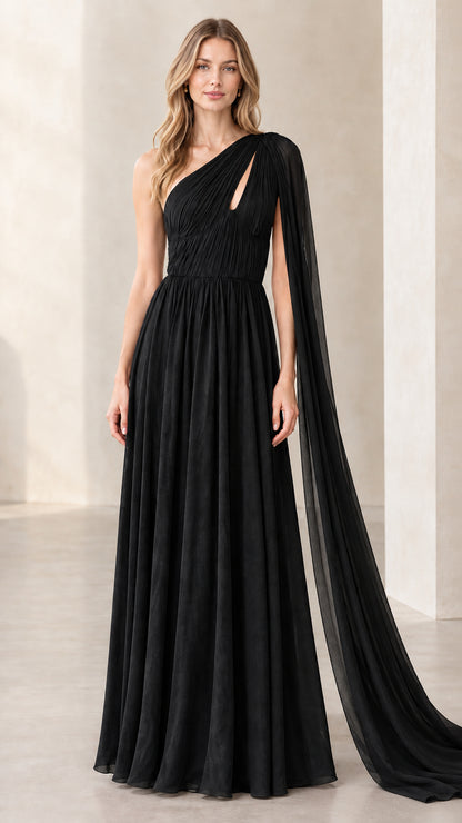 Black one-shoulder pleated cape maxi gown front view