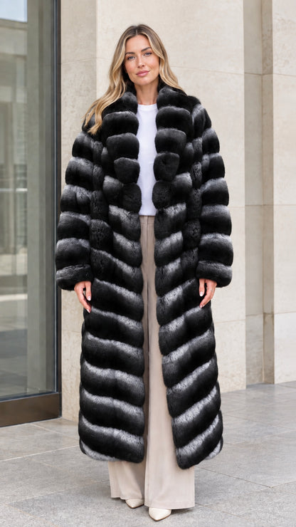 Model wearing Black Ombre full-length tiered faux fur maxi coat
