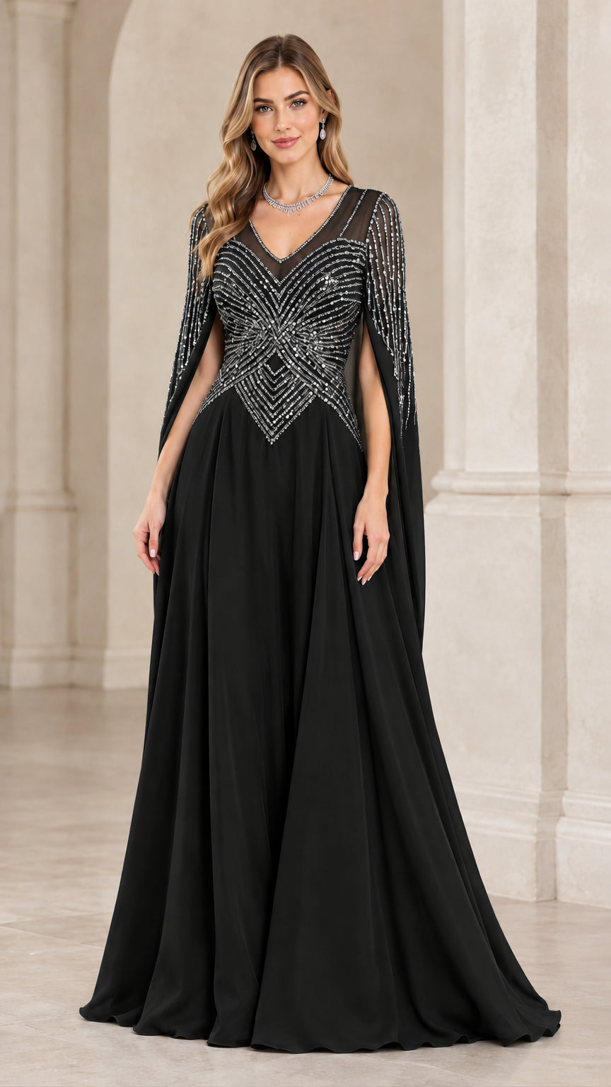 Full-length front view of black sequined cape sleeve formal evening dress