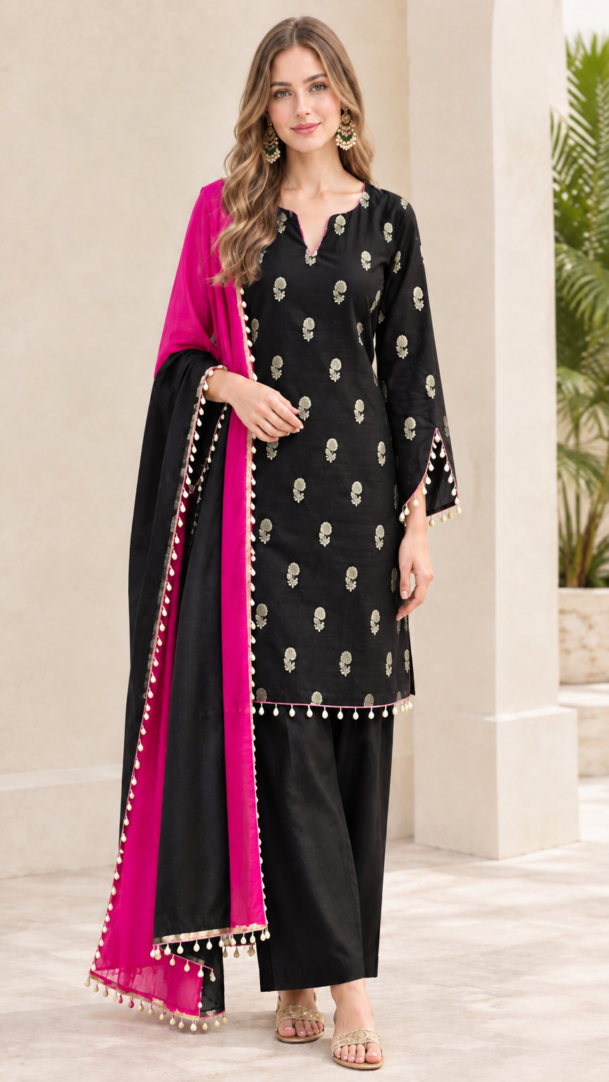 Black embroidered kurta pant set with contrast magenta beaded dupatta