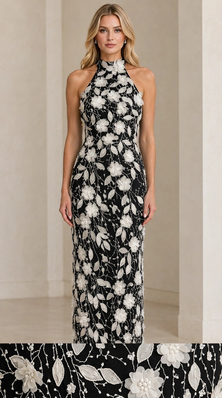 Black halter maxi dress with contrasting white 3D floral embroidery and appliques