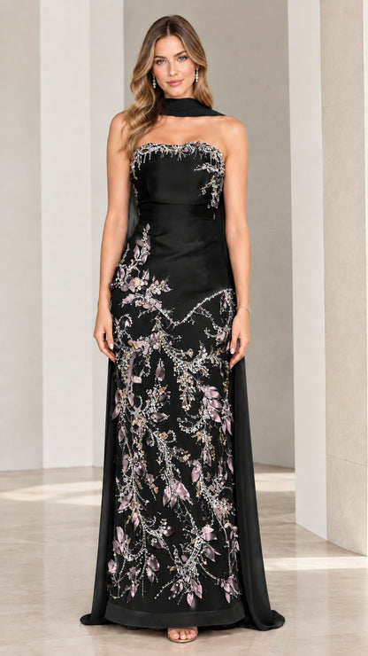 Black strapless embroidered evening gown with matching black scarf