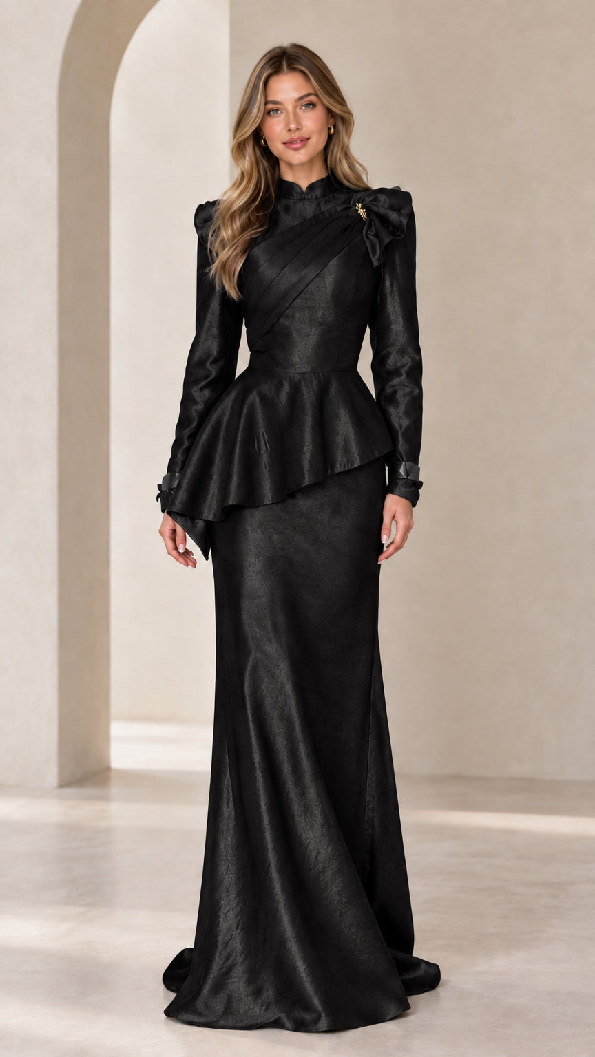 Black long sleeve peplum evening gown front view