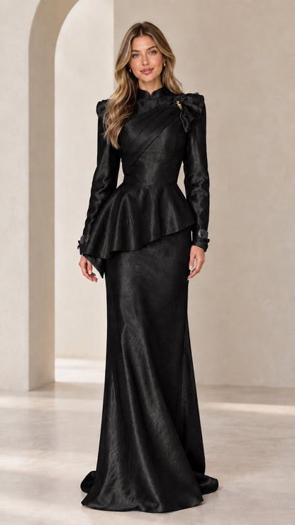 Black long sleeve peplum evening gown front view