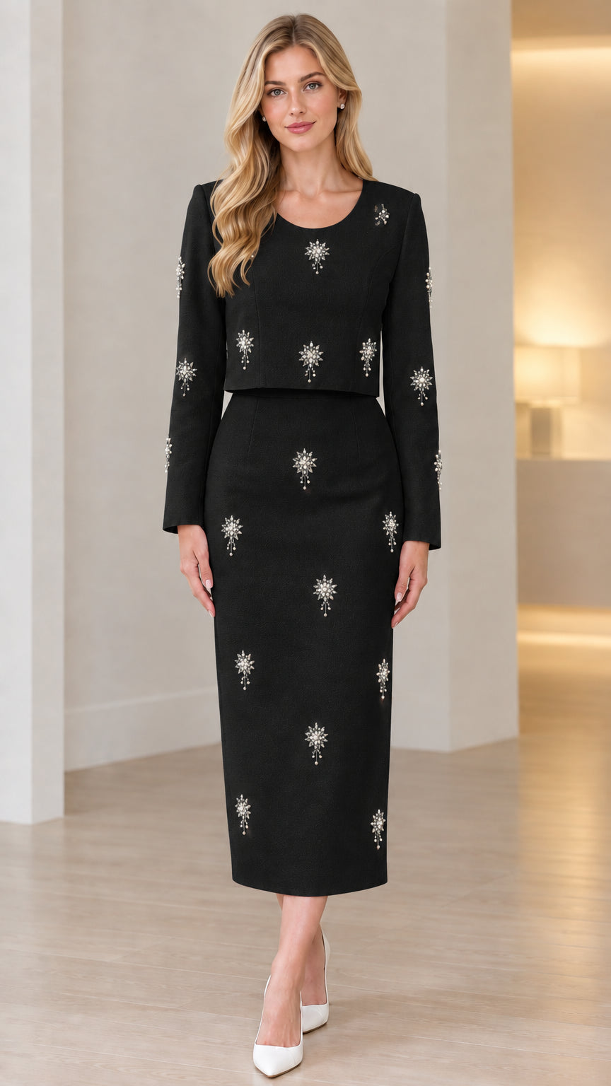 Front full view of black embellished two-piece long sleeve midi dress set