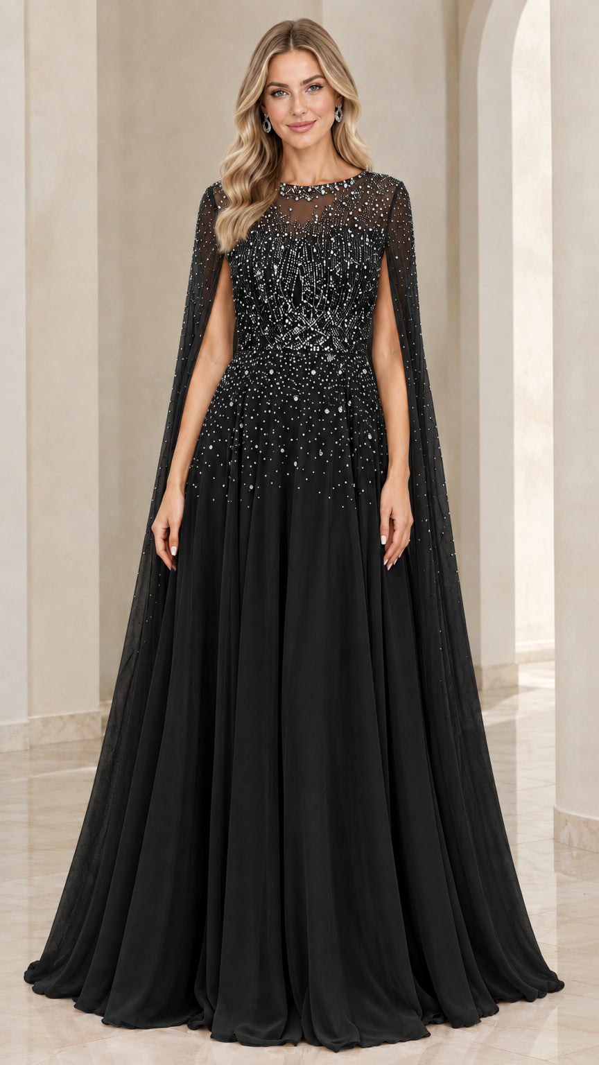 Full front view of Black beaded illusion cape evening dress