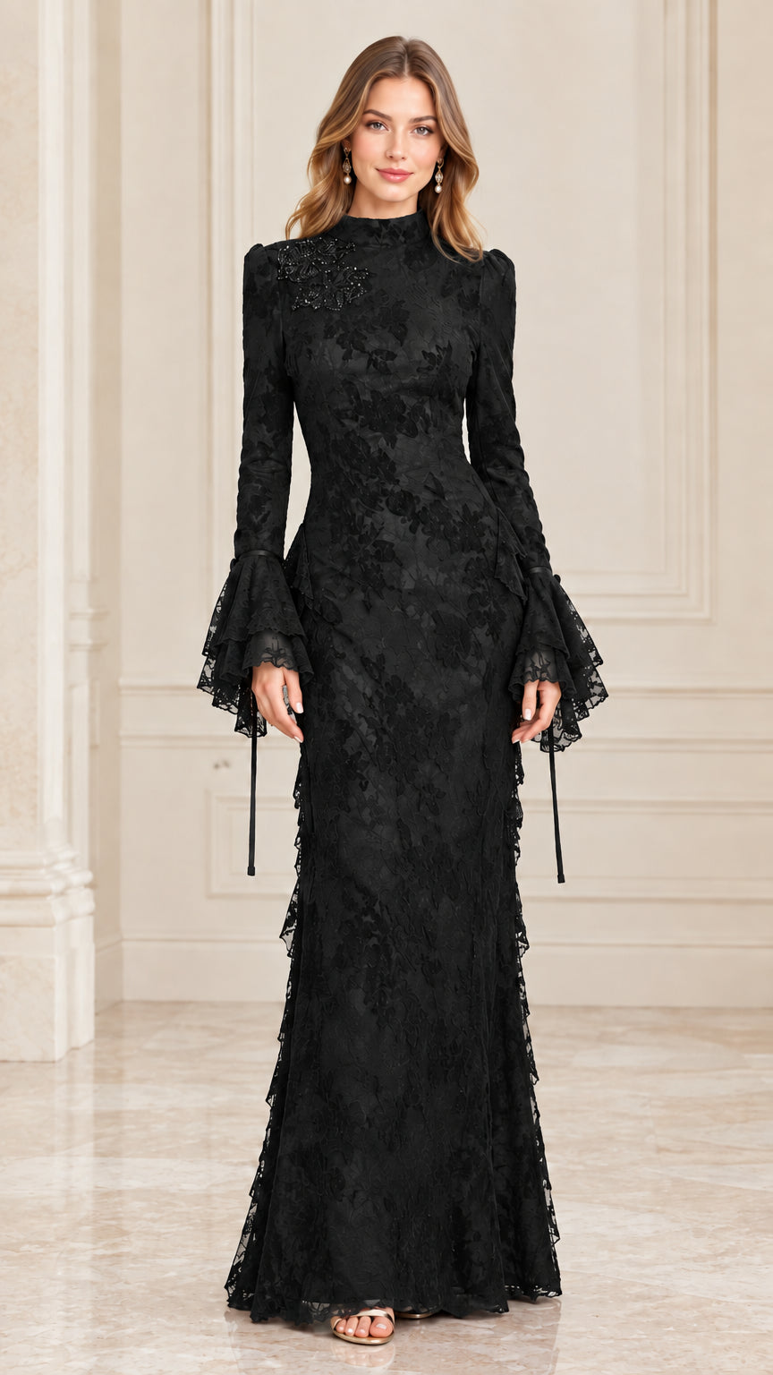 Black floral lace high neck long evening gown with bell sleeves