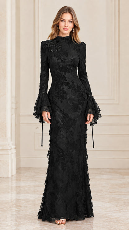 Black floral lace high neck long evening gown with bell sleeves