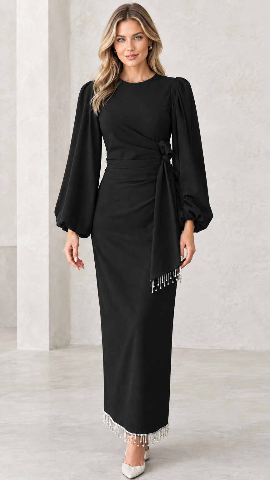 Front view of black lantern sleeve maxi dress with sparkling beaded fringe details