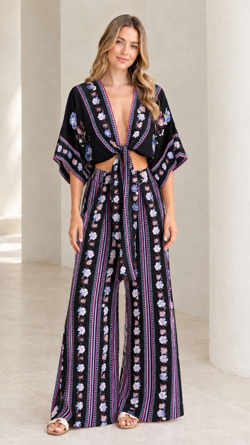 Model wearing black and purple floral stripe tie-front top and wide-leg pants set