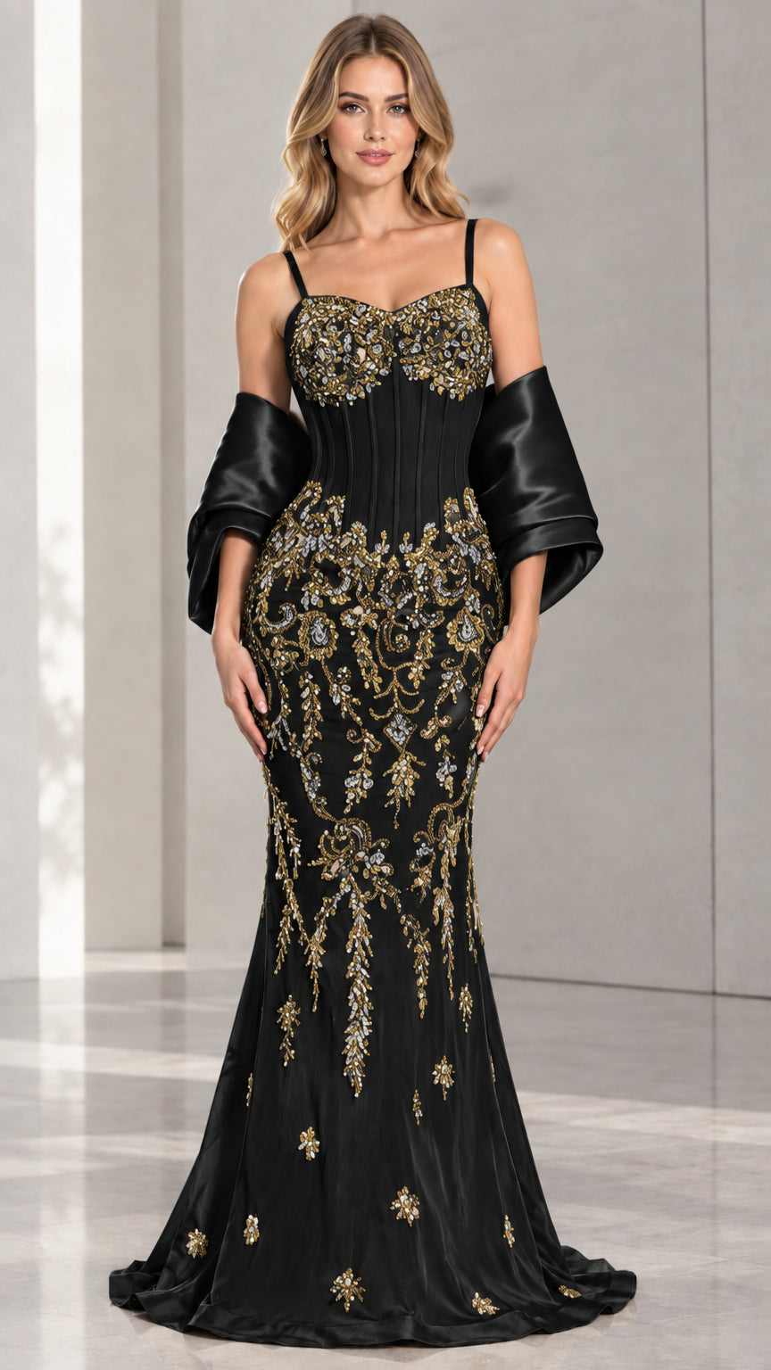 Front view of Black embellished corset mermaid evening gown with black shawl