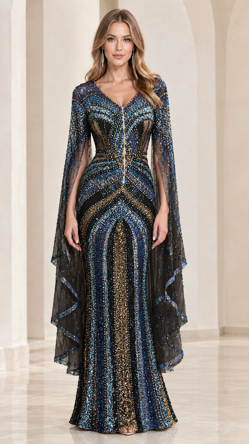 Black Multi sequin beaded cape sleeve mermaid gown on model