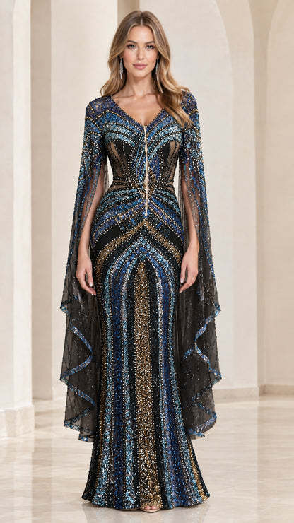 Black Multi sequin beaded cape sleeve mermaid gown on model