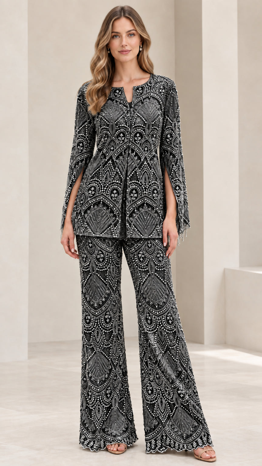 Black embroidered lace tunic and flared pant suit set