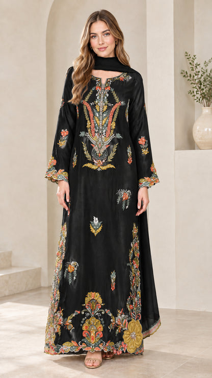 Black long sleeve floral embroidered satin kaftan maxi dress