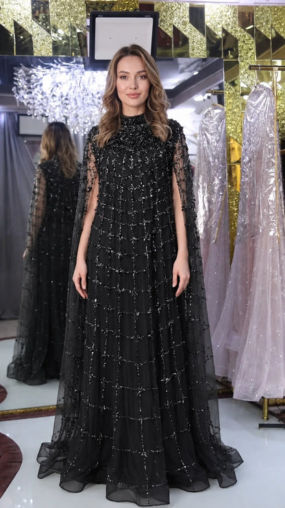 Black crystal embellished cape sleeve formal evening dress