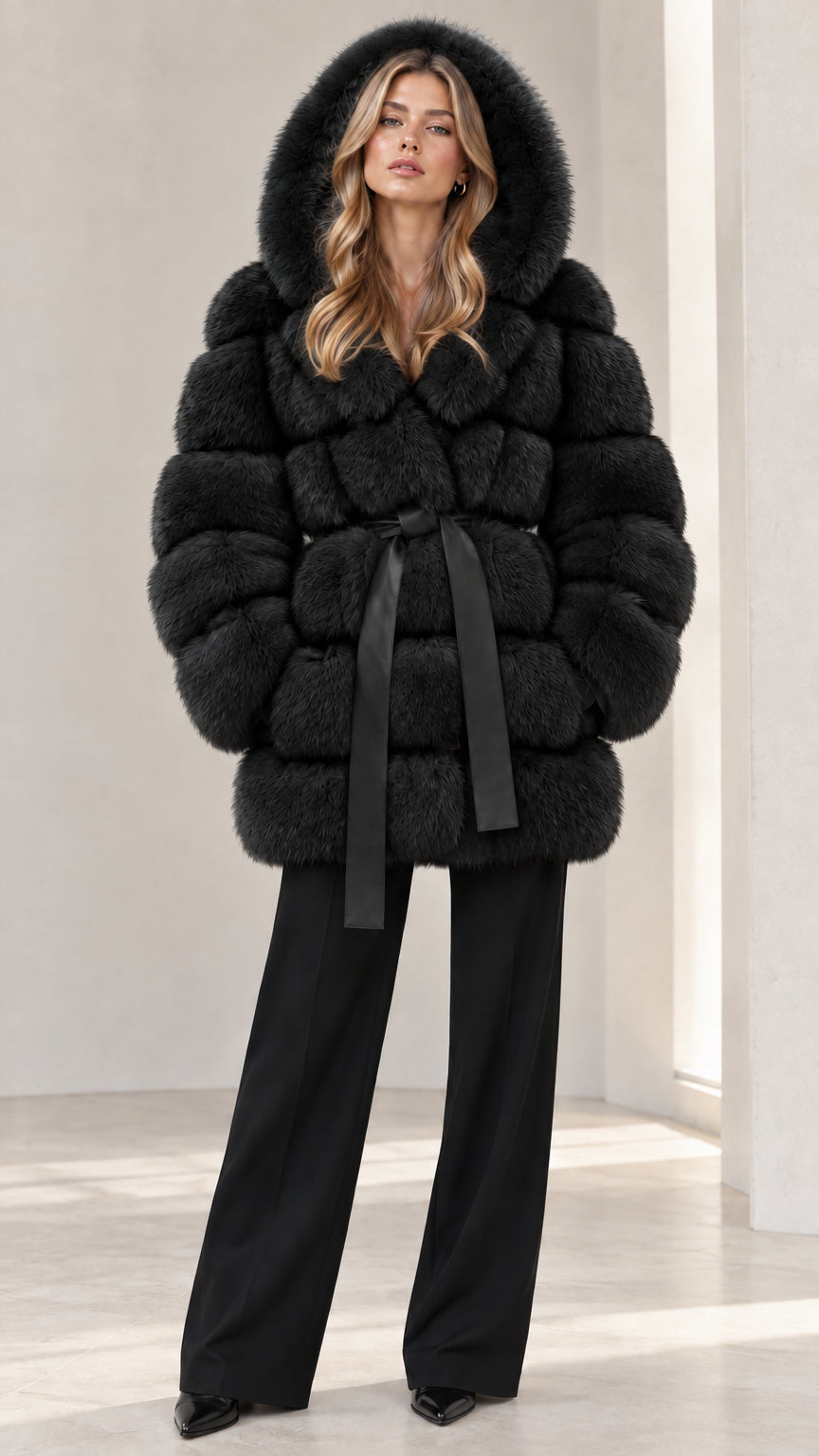 Full front view of Black hooded belted faux fur coat styled with black wide-leg pants