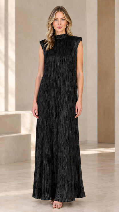 Black sleeveless pleated mock neck maxi dress