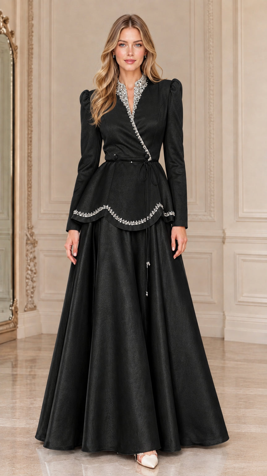 Full-length front view of Black rhinestone trimmed peplum evening gown