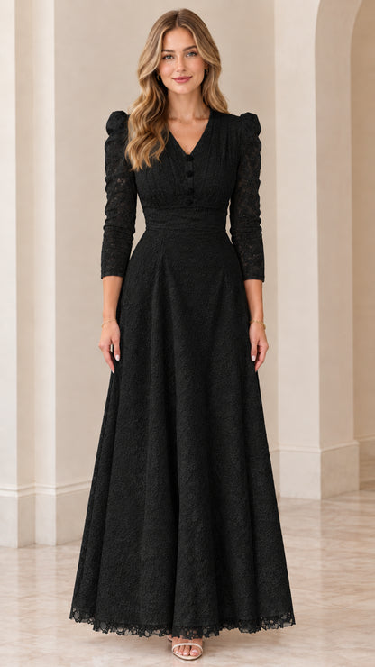 Full-length front view of woman wearing black lace formal maxi dress