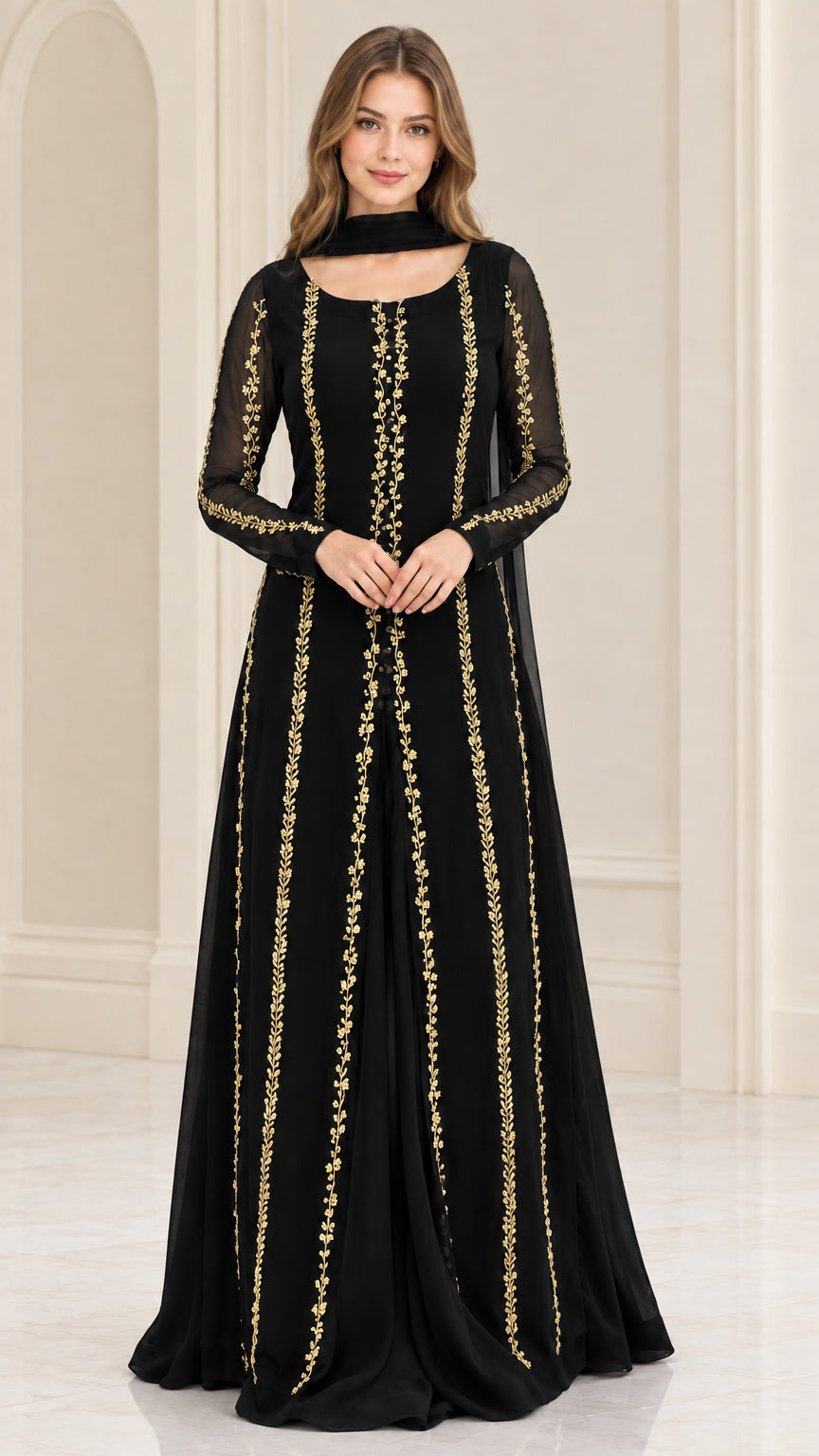 Front view of black embroidered long sleeve maxi dress with gold details