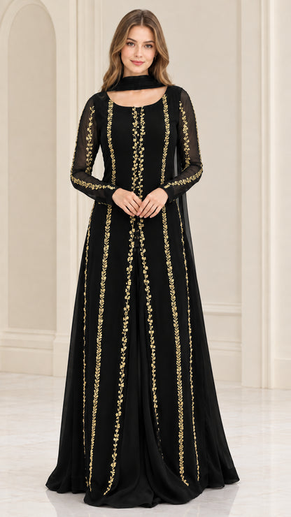 Front view of black embroidered long sleeve maxi dress with gold details