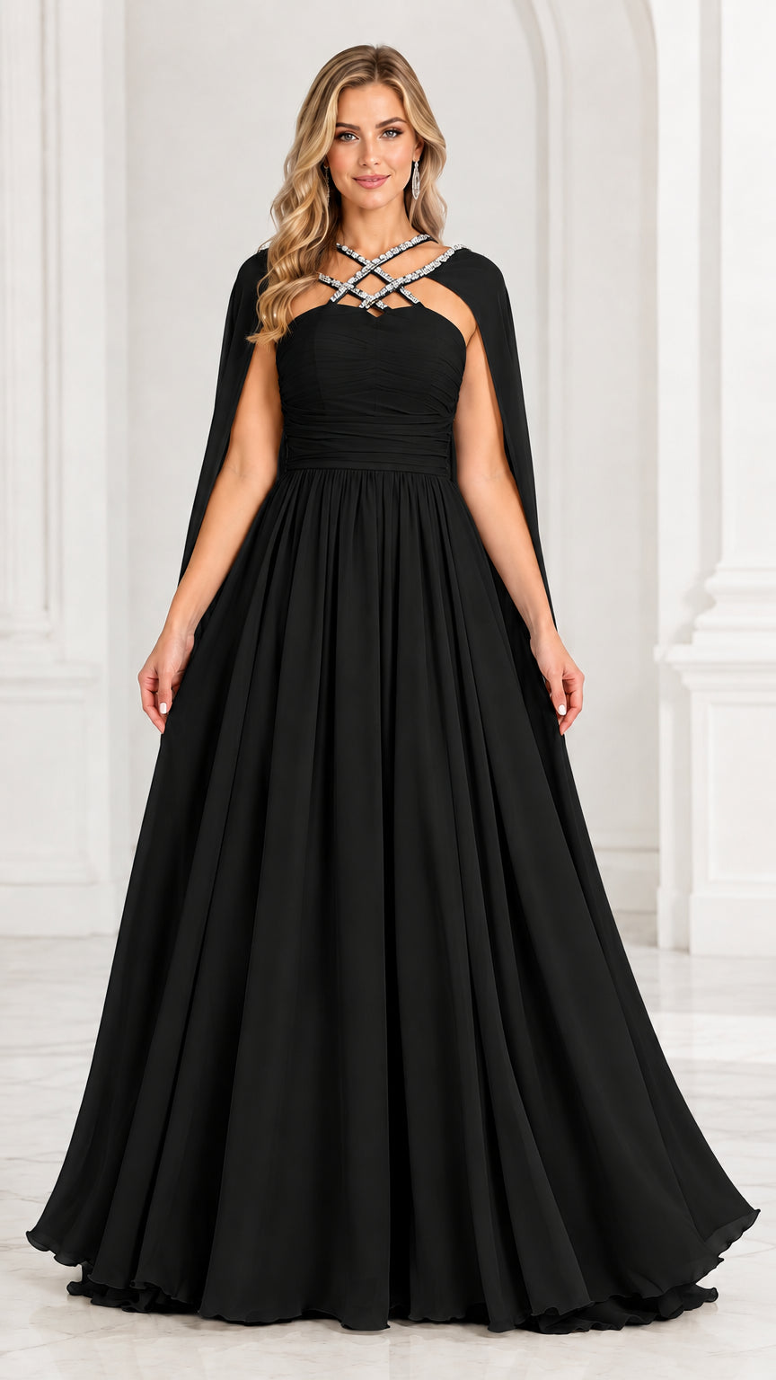 Black floor-length capelet chiffon evening gown with sparkling rhinestone straps