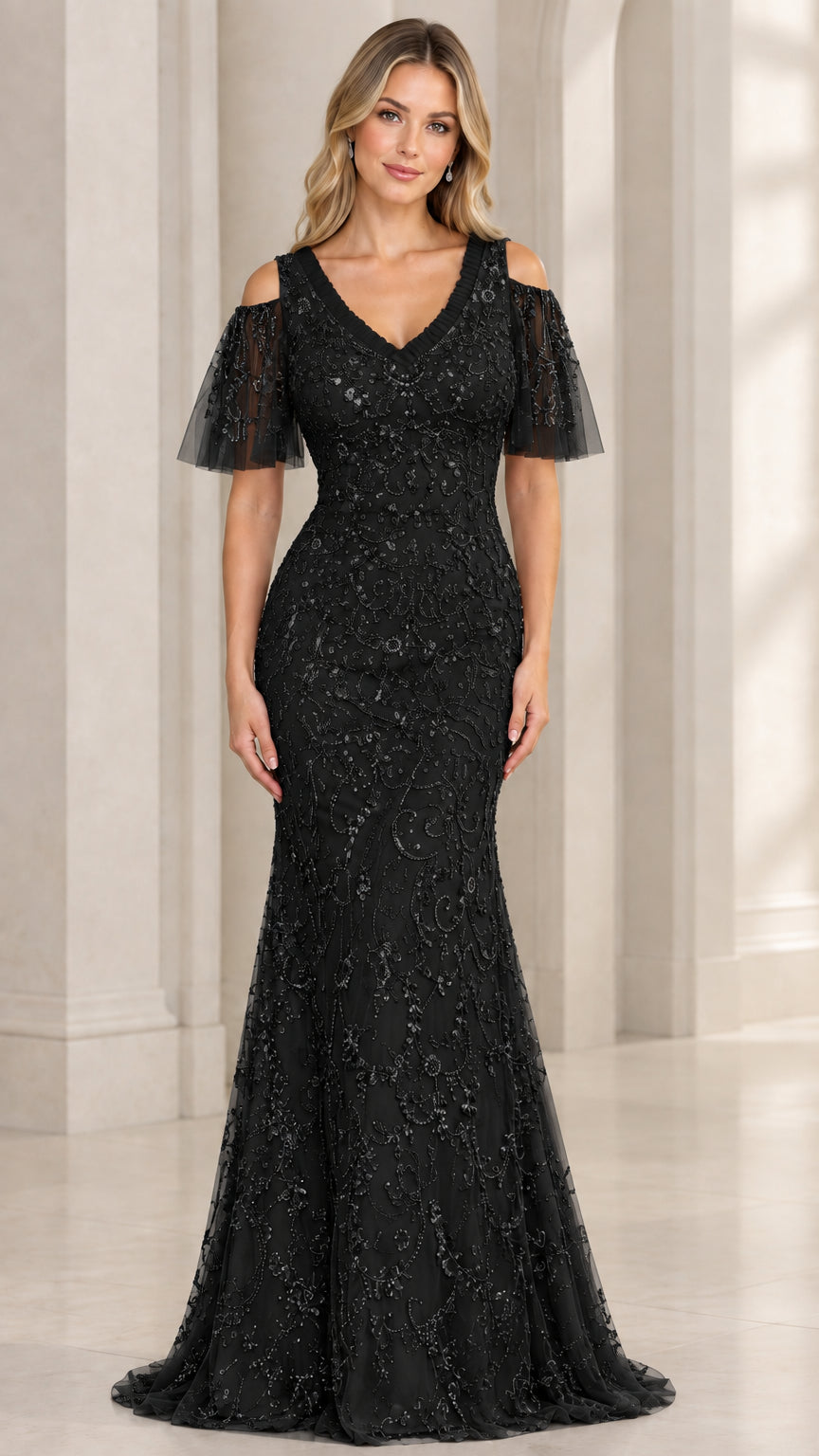 Black embroidered beaded cold-shoulder evening gown