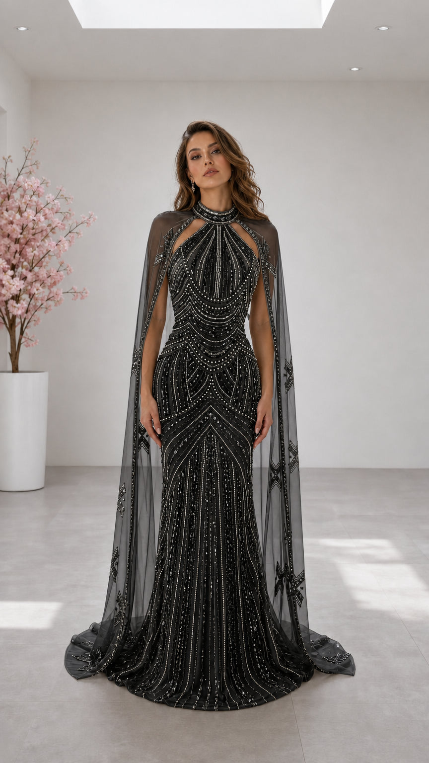 Black halter neck beaded mermaid evening gown with floor-length cape