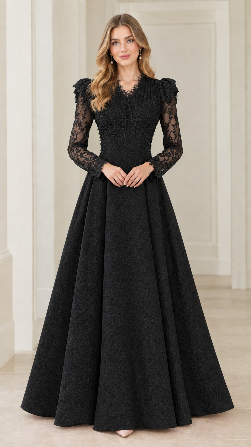 Front view of full-length Black lace long sleeve evening gown
