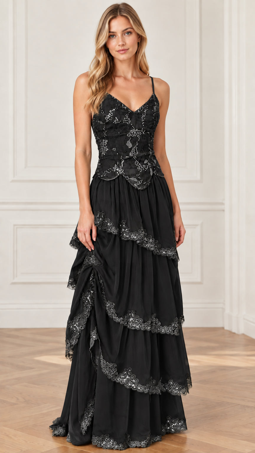 Black embroidered bodice tiered maxi evening dress