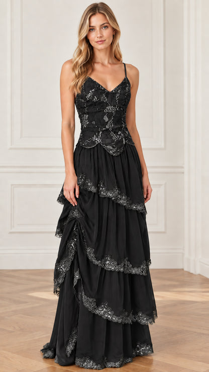 Black embroidered bodice tiered maxi evening dress