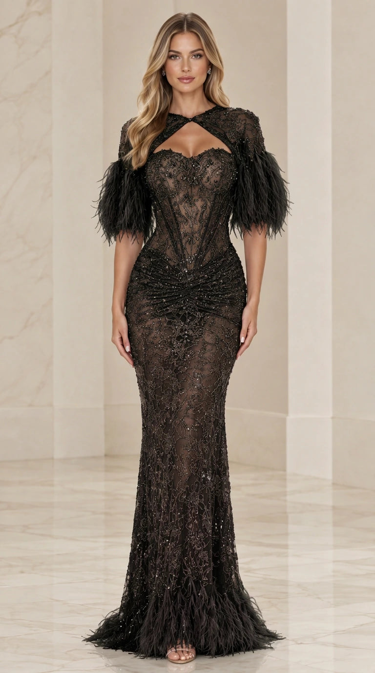 Front view of black beaded lace keyhole mermaid evening gown with black feather trim
