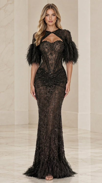 Front view of black beaded lace keyhole mermaid evening gown with black feather trim