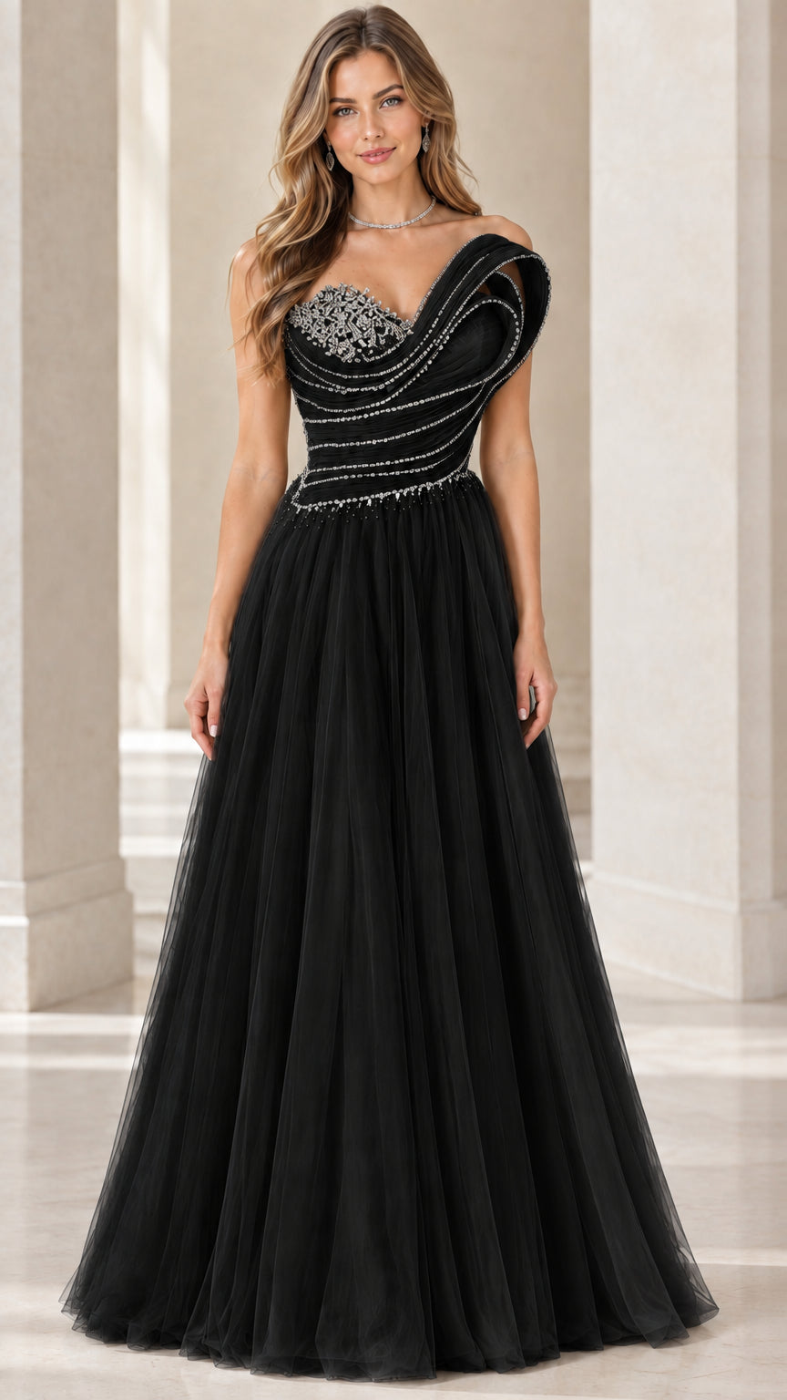 Front view of black asymmetric rhinestone pleated bodice tulle evening dress