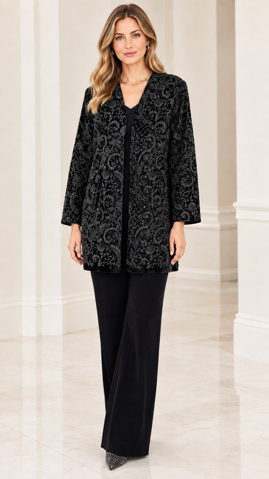 Black paisley burnout velvet open front evening jacket on model