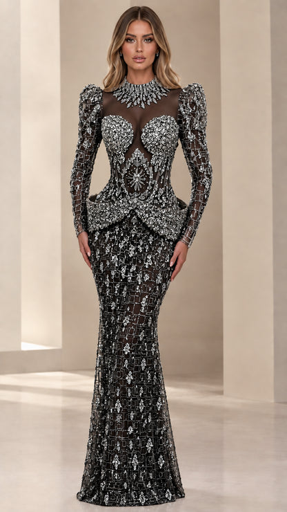 Black rhinestone embellished mermaid evening gown with sheer sleeves