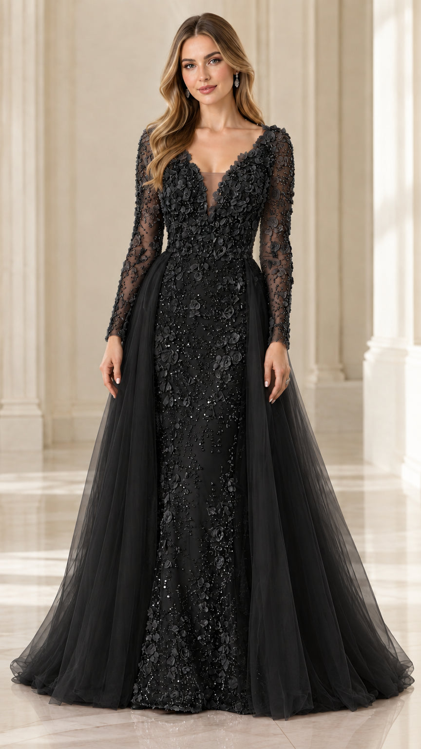 Black long sleeve evening gown with floral appliqué and sweeping tulle overskirt