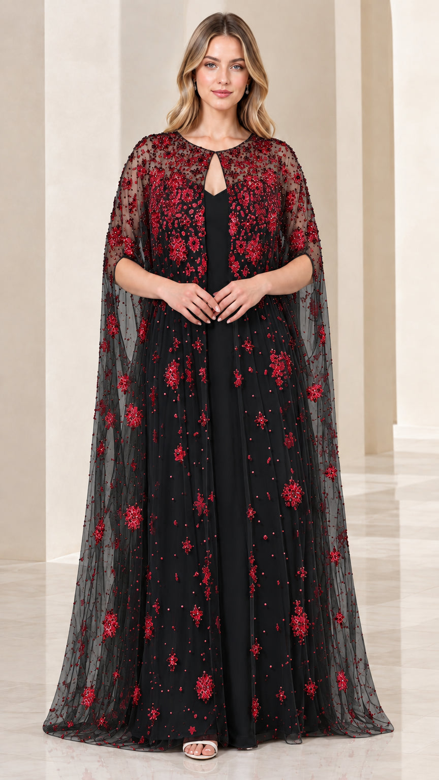 Black floor-length evening gown with contrasting red sequin floral embroidered cape