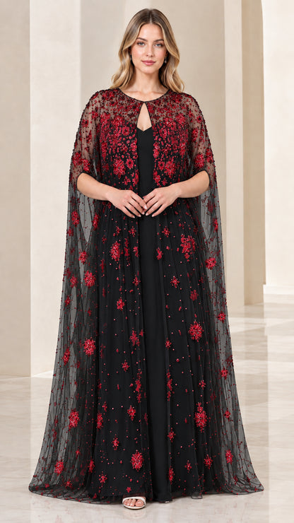 Black floor-length evening gown with contrasting red sequin floral embroidered cape