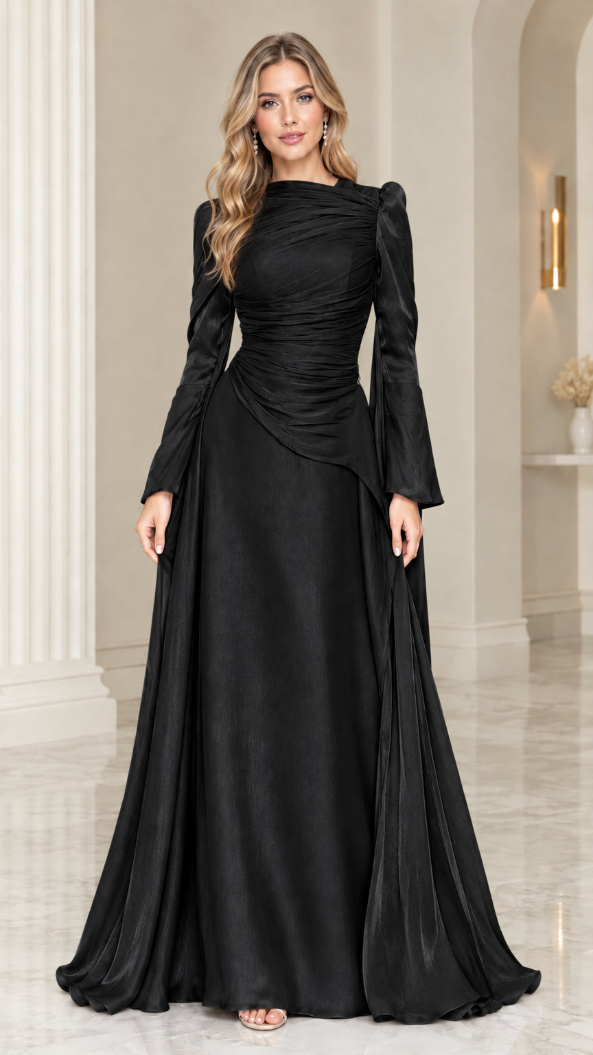 Front view of black long-sleeve ruched high-neck formal evening gown